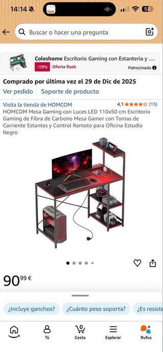 Mesa Gaming HOMCOM LED 110x50cm