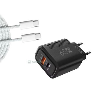 Cargador GaN 65W USB-C USB-A con carga rápida PD y QC3.0 + Cable USB-C 1m Negro