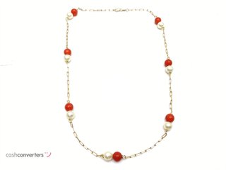 cadena oro 18k con piedra con coral,perla 23.5cm