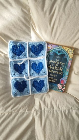 Funda tejida a mano para libro con corazones