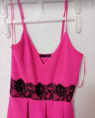 Vestido fiesta rosa con encaje negro Talla XL