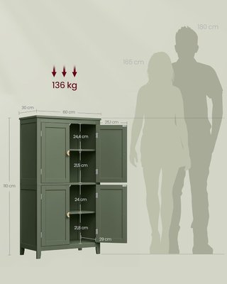 Mueble de Baño, Mueblecito de Baño, Credenza de Cocina, Armario con 4 Puertas, Estantes Regulables, 30 X 60 X 110 Cm, Verde Bosque BBC552C01
