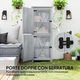Caseta De Jardín De Madera De Abeto Con Base Elevada, 2 Armarios Y 2 Estantes Extraíbles, Armario De Jardín Para Terraza Y Patio, 60X60X160 Cm, Gris Claro