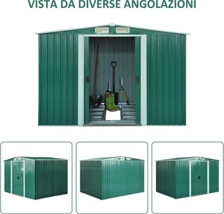 Caseta de Jardín para Herramientas de Hoja de Acero, Cobertizo de Jardín de Acero con Base y Puertas Correderas, 258X206X178Cm, Verde