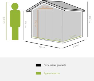 Caseta de Jardín para Herramientas de Hoja de Acero, Cobertizo de Jardín de Acero con Base y Puertas Correderas, 258X206X178Cm, Verde