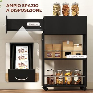 Carro De Cocina Con 2 Estantes Abiertos, Cajón, Barandillas Y Ruedas Con Freno, Carro De Cocina Ahorra Espacio Para Almacenamiento En Aglomerado Y Acero Inoxidable, Para Baño, Sala De Estar, 25X50...