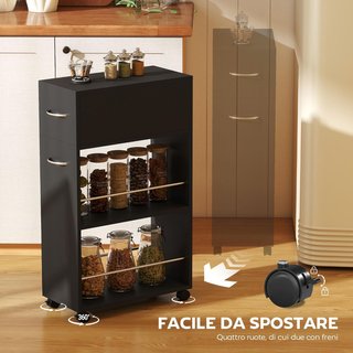 Carro De Cocina Con 2 Estantes Abiertos, Cajón, Barandillas Y Ruedas Con Freno, Carro De Cocina Ahorra Espacio Para Almacenamiento En Aglomerado Y Acero Inoxidable, Para Baño, Sala De Estar, 25X50...