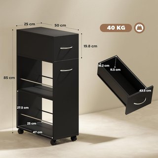 Carro De Cocina Con 2 Estantes Abiertos, Cajón, Barandillas Y Ruedas Con Freno, Carro De Cocina Ahorra Espacio Para Almacenamiento En Aglomerado Y Acero Inoxidable, Para Baño, Sala De Estar, 25X50...