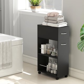 Carro De Cocina Con 2 Estantes Abiertos, Cajón, Barandillas Y Ruedas Con Freno, Carro De Cocina Ahorra Espacio Para Almacenamiento En Aglomerado Y Acero Inoxidable, Para Baño, Sala De Estar, 25X50...