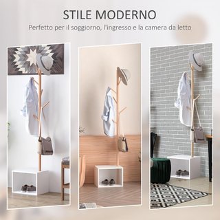 Banco Con Perchero De Entrada, Perchero De Pie De Bambú, Banco De Entrada Blanco, Diseño, También Para Dormitorio, 40X30X180Cm, Blanco Madera
