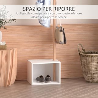 Banco Con Perchero De Entrada, Perchero De Pie De Bambú, Banco De Entrada Blanco, Diseño, También Para Dormitorio, 40X30X180Cm, Blanco Madera
