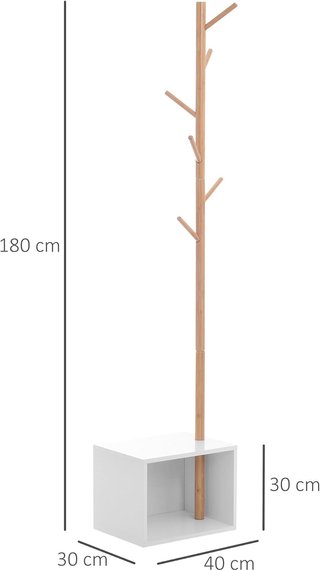Banco Con Perchero De Entrada, Perchero De Pie De Bambú, Banco De Entrada Blanco, Diseño, También Para Dormitorio, 40X30X180Cm, Blanco Madera