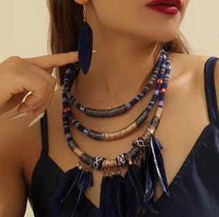 Conjunto Collar y Pendientes Plumas Azul y Dorado