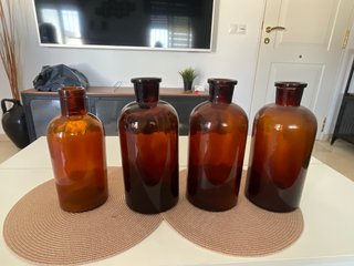 4 Botellas Farmacia Antiguas Vidrio Ámbar