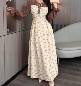 Vestido largo floral beige y marrón