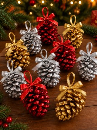 Piñas Decorativas Navideñas (Oro, Rojo, Plata)