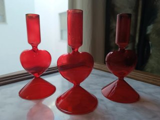 3 Candelabros Corazón Cristal Rojo