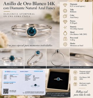 Anillo Oro Blanco 14K Diamante Azul Fancy