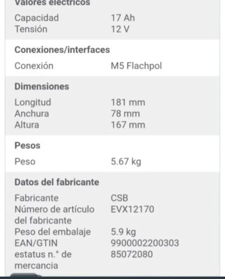 Batería CSB EVX 12170 12V 17Ah