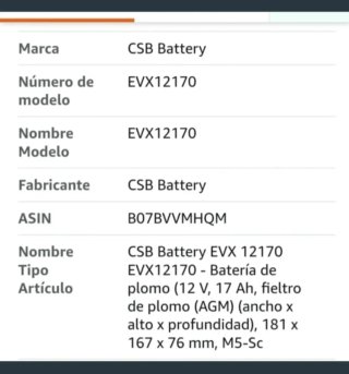 Batería CSB EVX 12170 12V 17Ah