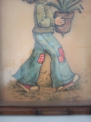 Cuadro antiguo niño con flor años 50