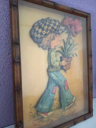 Cuadro antiguo niño con flor años 50