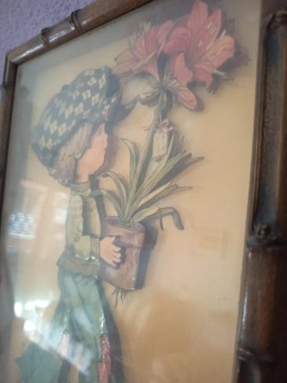 Cuadro antiguo niño con flor años 50