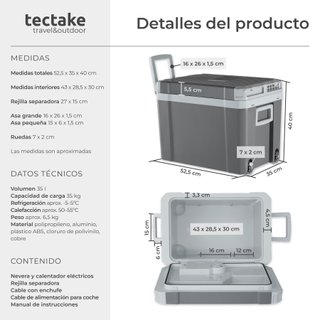 Nevera portátil eléctrica con calentador de 35 l, 52,5 x 35 x 40 cm