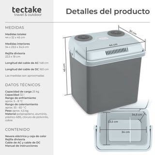 Nevera portátil eléctrica, frío/calor, asa plegable, 44x32x45cm, gris