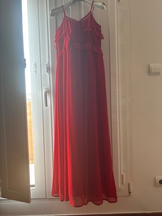 Vestido largo rojo tirantes volantes