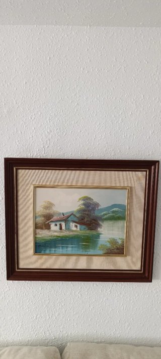 Cuadro paisaje casa lago