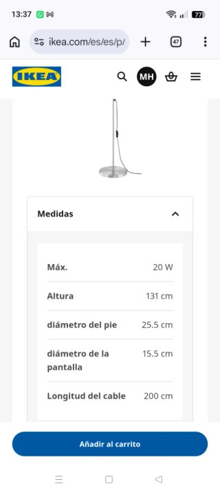 Lámpara de pie metálica plateada