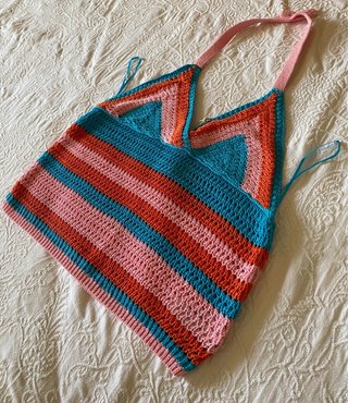 Top Zara Crochet Rayas Rosa y Turquesa