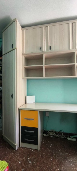 Escritorio con librería y armario.