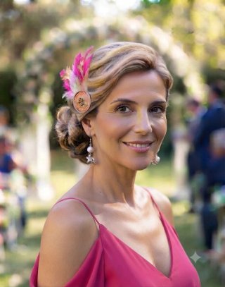 Tocado y pendientes rosas.