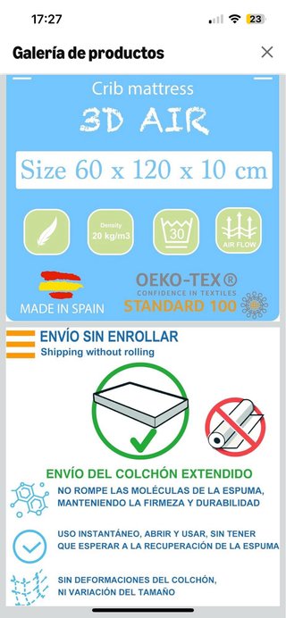 Colchón Cuna 60x120x10 cm Blanco.
