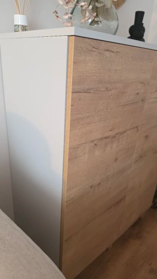 Mueble TV y aparador madera, color roble y blanco.