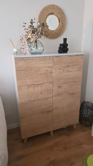 Mueble TV y aparador madera, color roble y blanco.
