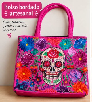 Bolso bordado artesanal calavera flores