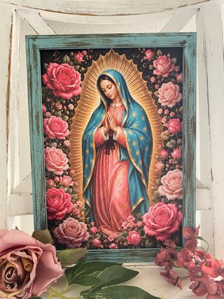 Cuadro azul envejecido “Virgen de Guadalupe”