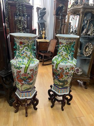 Pareja Jarrones Chinos Octogonales Grandes pintado