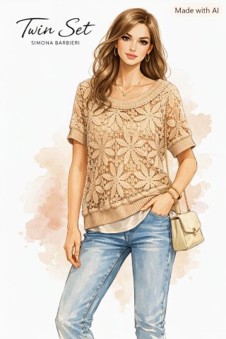Abito beige all'uncinetto floreale twin set