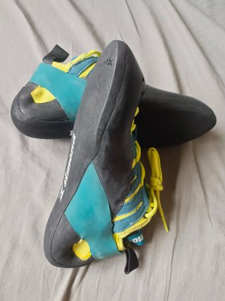 Pies de gato escalada teal y amarillo