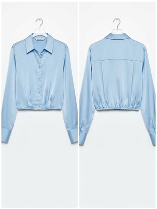 Camisa Corta Satinada Azul Claro Stradivarius