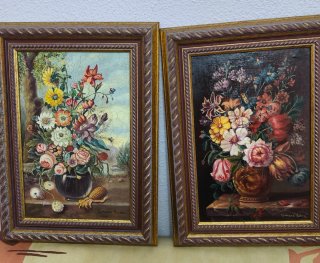 Pareja Óleos Antiguos Flores con Marco