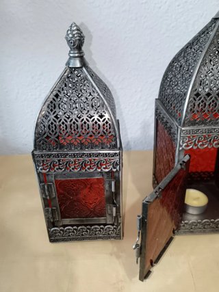 Pareja Faroles Marroquíes Metal y Cristal Rojo