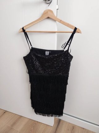 Top fiesta lentejuelas flecos negro M
