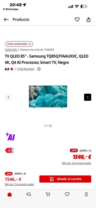 TV Samsung QLED 85 TQ85Q7FAAUXXC 4K