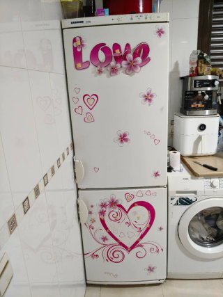Frigorífico Liebherr blanco con pegatinas