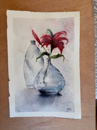 Acuarela original flor roja en jarrón